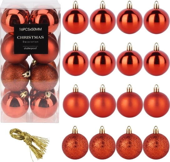 Boules de Noël rouges incassables 5 cm, lot de 16 pièces