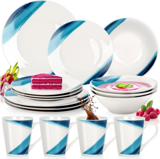 Service de table en porcelaine 16 pièces blanc à décor bleu