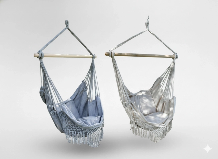Fauteuil suspendu brésilien boho avec coussins, 130 × 100 cm, beige‑gris