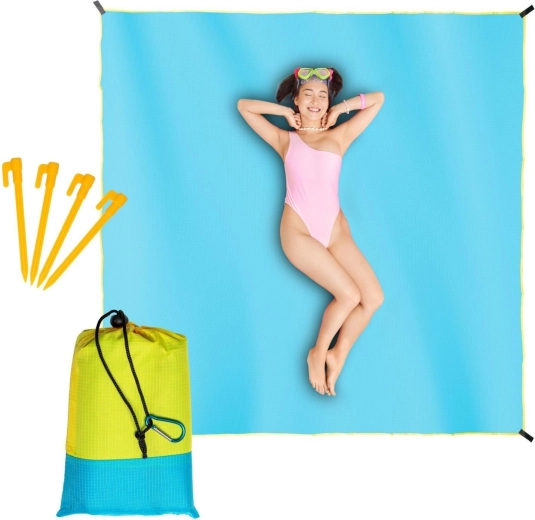 Tapis de plage imperméable et couverture de pique-nique 210 × 200 cm bleu avec bordure jaune