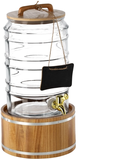 Distributeur décoratif en verre pour boissons avec robinet 7,5 l sur support en bois