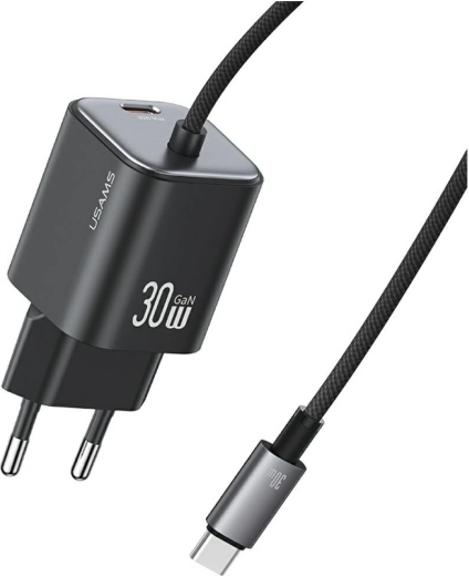 USAMS série JC CC264 chargeur secteur GaN 30 W avec câble USB‑C intégré (noir)