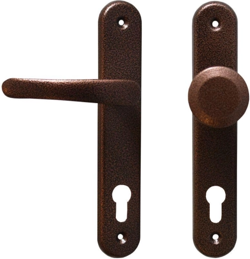 Ferrures de porte MICHAELA avec poignée et bouton fixe, entraxe de cylindre 90, finition cuivrée