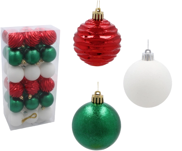 Set de 36 boules de Noël 6 cm en rouge, vert et blanc
