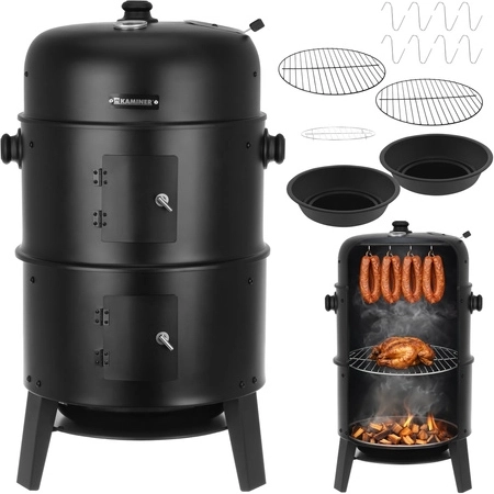 Barbecue et fumoir au charbon de jardin 3-en-1 avec couvercle et thermomètre KAMINER