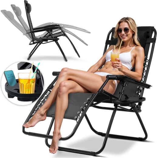 Chaise longue de jardin pliante avec coussin Sofotel ChillWell, noire