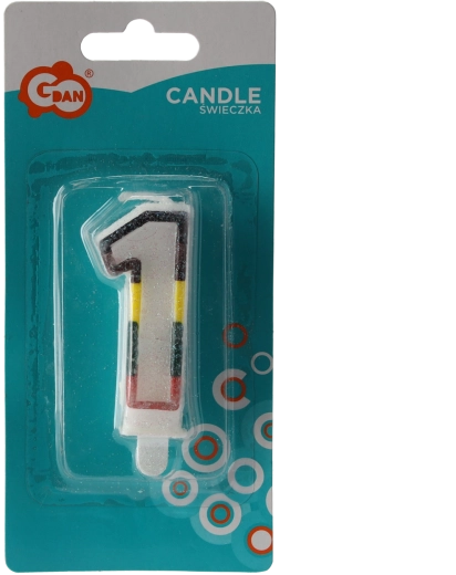 Bougie d’anniversaire numéro 1 avec brocart, blanche au contour coloré