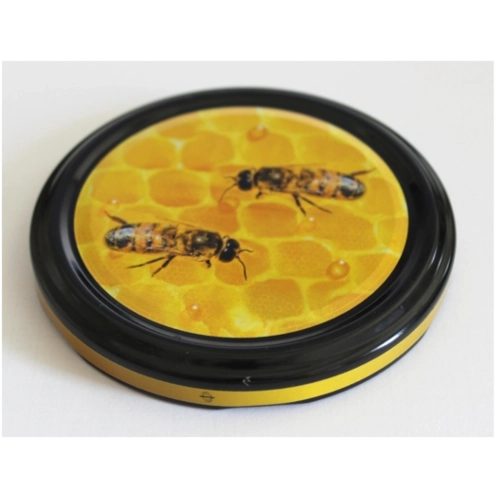 Couvercle métallique Twist-off 82 mm avec abeille sur fleur de pommier, 6 ergots