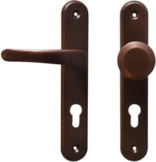 Quincaillerie de porte MICHAELA avec béquille et bouton fixe, entraxe 72, finition cuivrée