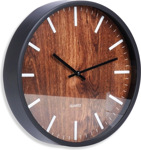 Horloge murale noire 29,5 cm avec cadran en bois
