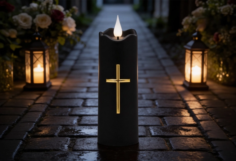 Bougie LED 5 × 15,5 cm noire avec croix dorée