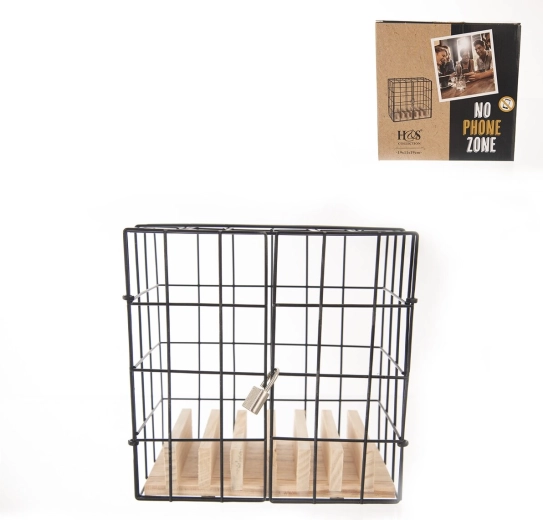 Coffre-fort verrouillable pour téléphone portable en bois et métal 19 × 11 × 19 cm
