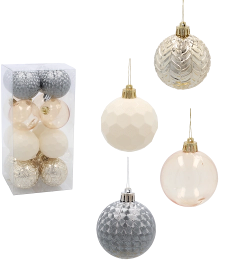 Set de boules de Noël 6 cm – 16 pcs, champagne, gris et blanc, CHOMIK