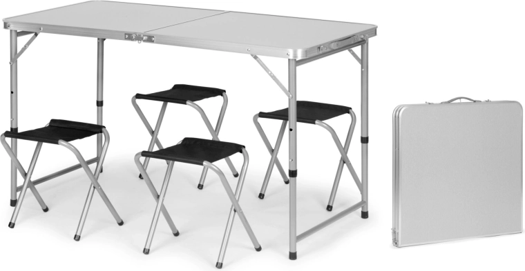 Table de camping pliante en valise avec hauteur réglable et 4 tabourets 120 × 60 cm, argentée
