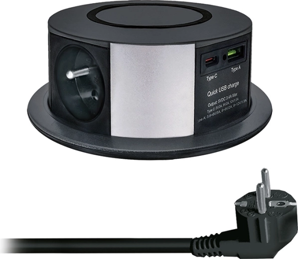 Bloc multiprise encastrable Solight avec 3 prises, USB-A/USB-C PD 20 W et recharge sans fil Qi 10 W, 2 m, noir