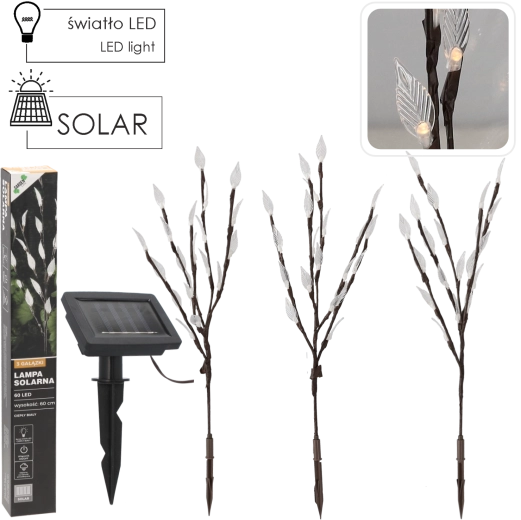Lampe solaire de jardin 60 cm avec 3 brindilles, 60 LED blanc chaud