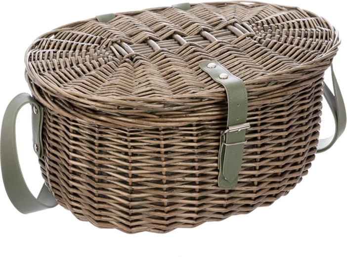 Panier pique-nique en osier avec couvercle, doublure à pois et bandoulière