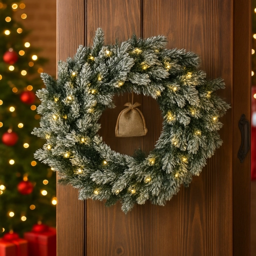 Couronne de Noël en pin 60 cm, fortement enneigée avec LED - 1 pièce