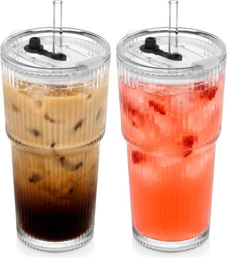 Gobelets tumbler en verre avec couvercle et paille 500 ml, lot de 2 pièces