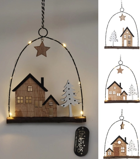 Décoration de Noël suspendue maison avec LED, métal et bois, 20,5 cm