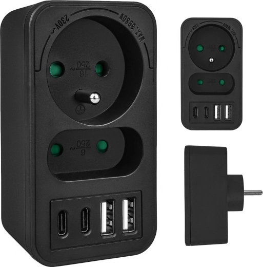 Multiprise murale avec 1 Schuko, 1 Euro et 4× USB (2× USB‑A 18 W, 2× USB‑C PD 20 W)