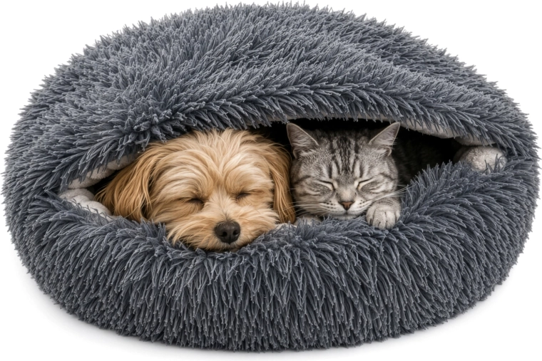 Panier en peluche Purlov pour chien et chat 70 × 60 cm 2-en-1 avec capuche, gris