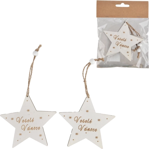 Étoile de Noël suspendue en bois avec inscription « Joyeux Noël », blanche, 2 pièces