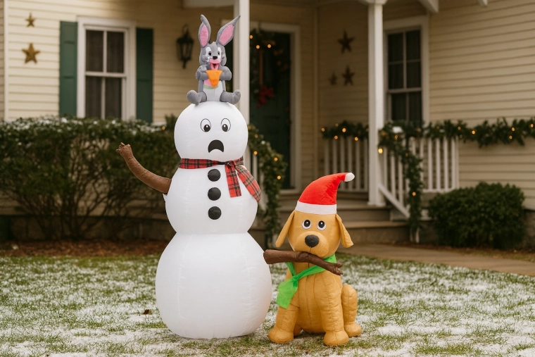 Bonhomme de neige gonflable avec chien et petit lapin, éclairage LED, 180 cm