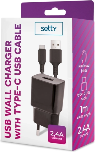 Chargeur secteur Setty 1× USB 2,4 A noir + câble USB‑C 1 m
