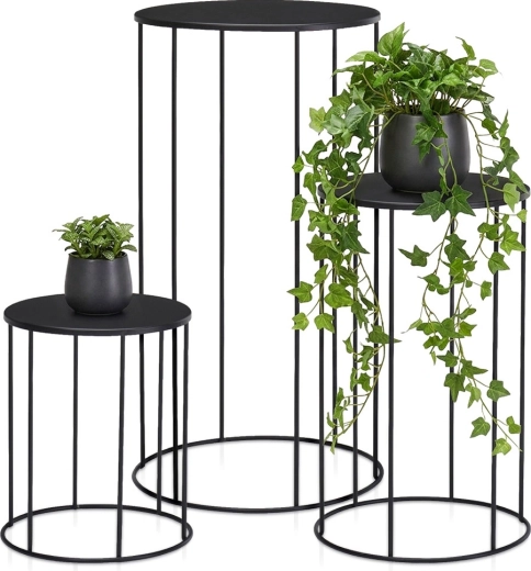 Support à fleurs en métal noir – lot de 3 pièces (16×19 / 18×29 / 21×39 cm)