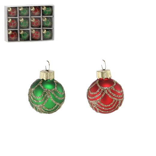 Set de 12 boules de Noël en verre rouge et vert 4 cm