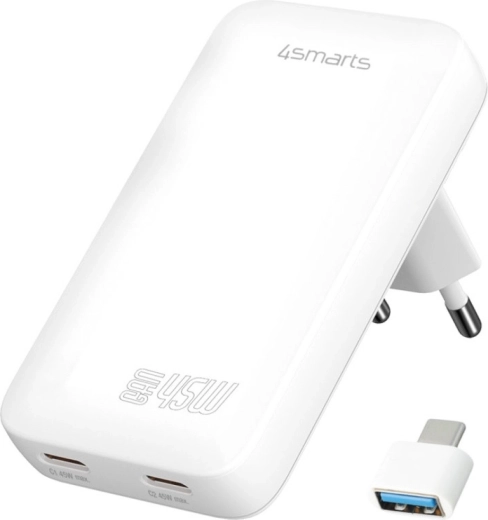 Chargeur secteur 4smarts FlatPlug Dual 45 W GaN, 2× USB‑C, blanc