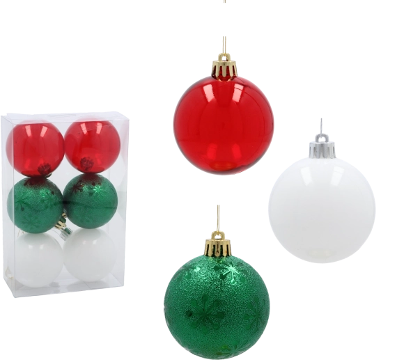 Set de boules de Noël 6 cm – rouge, vert et blanc (6 pcs)