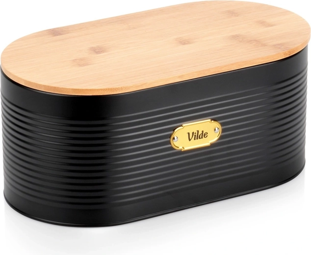 Boîte à pain en métal avec couvercle en bambou, noire, 34 × 18,5 × 15 cm