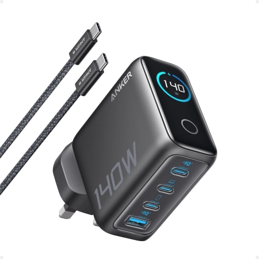 Chargeur secteur Anker 140 W PD 3.1 avec câble USB‑C et écran LED, graphite