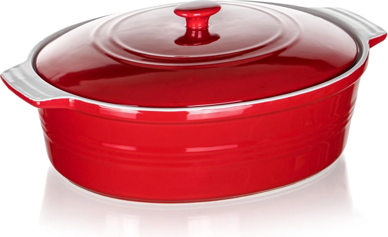 Plat à gratin en céramique avec couvercle CULINARIA, ovale 36,5 × 25 cm, rouge/blanc