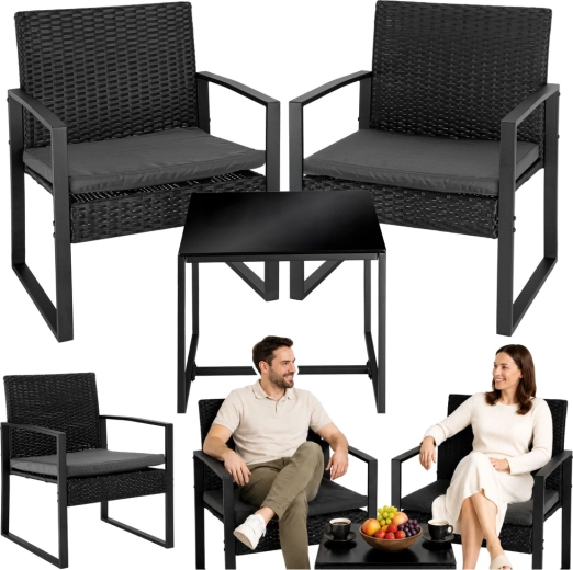 Ensemble de jardin en rotin : 2 fauteuils et une table pour balcon et terrasse, noir