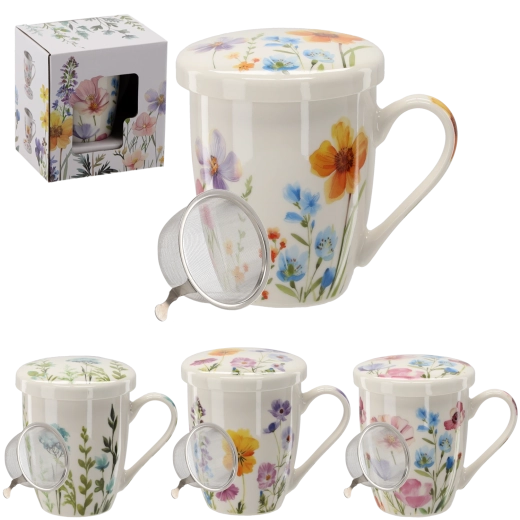 Mug en porcelaine avec filtre en inox et couvercle 340 ml – motif floral