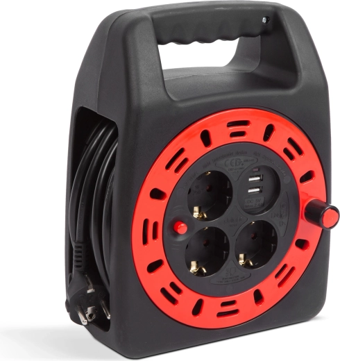 Enrouleur de câble avec support en plastique, 3 prises et 2 ports USB, 15 m