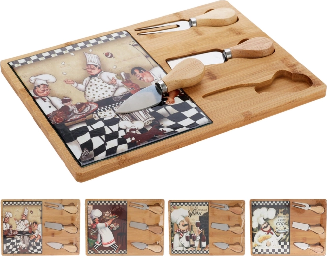 Planche de service pour fromage avec couteaux et fourchette en bambou et céramique 30,5 × 21,5 cm