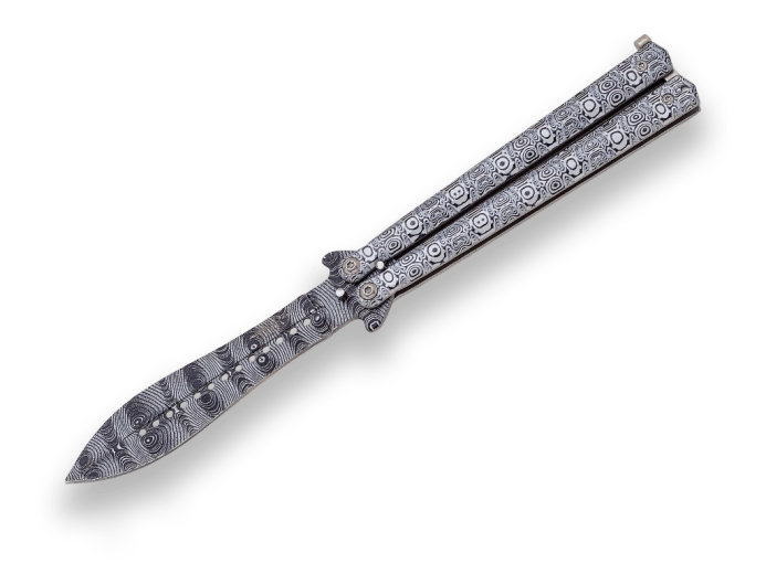Joker Butterfly couteau de poche balisong 11 cm avec manche en aluminium et motif damas