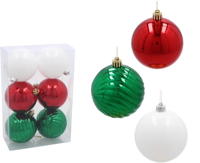Set de boules de Noël 8 cm – rouge, vert et blanc, 6 pièces