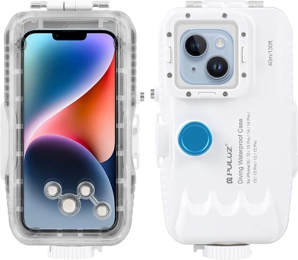 Boîtier de plongée étanche PULUZ pour iPhone jusqu’à 40 m avec valve unidirectionnelle, blanc