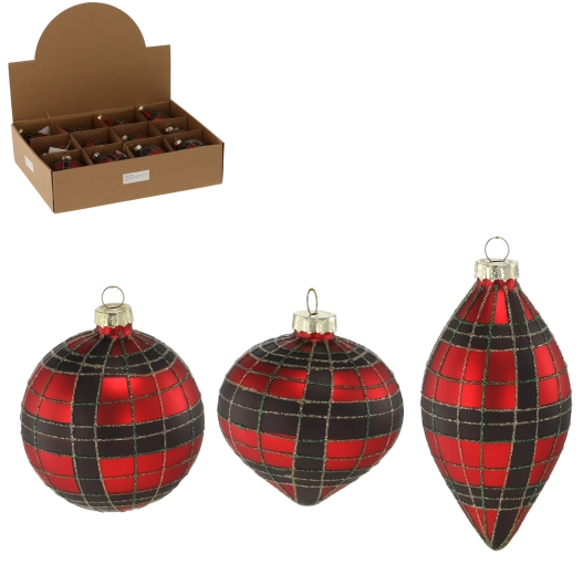 Boule de Noël en verre rouge et noir à motif carreaux – mélange de motifs
