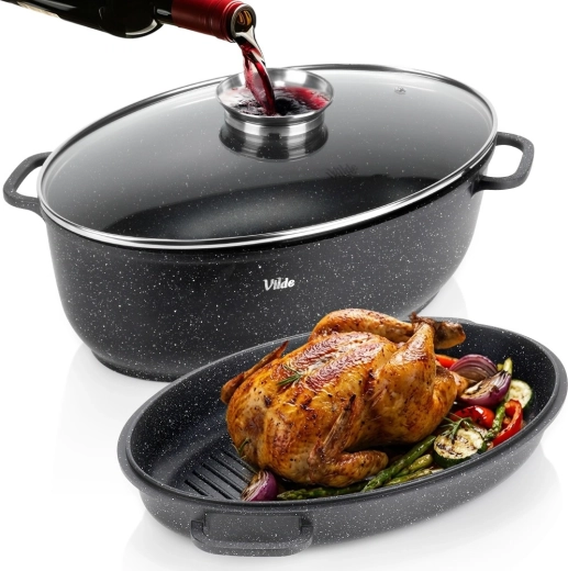 Rôtissoire en granit 3-en-1 avec couvercle GRANITICA 8 + 3,2 l, 39 × 26,5 × 18 cm