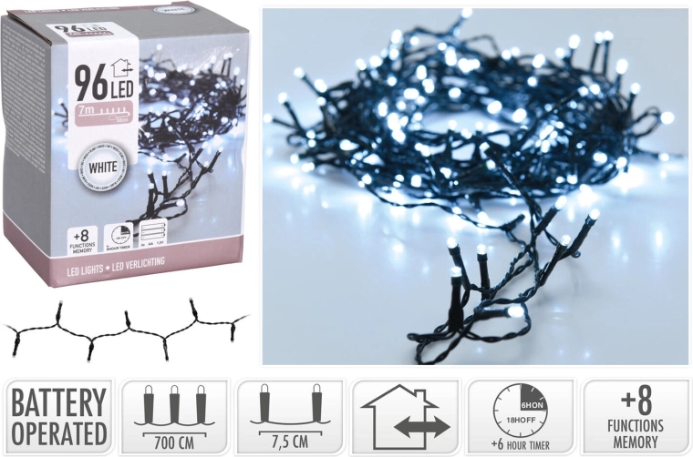 Guirlande lumineuse LED de Noël 7 m, 96 LED, blanc froid, 8 fonctions, avec minuterie