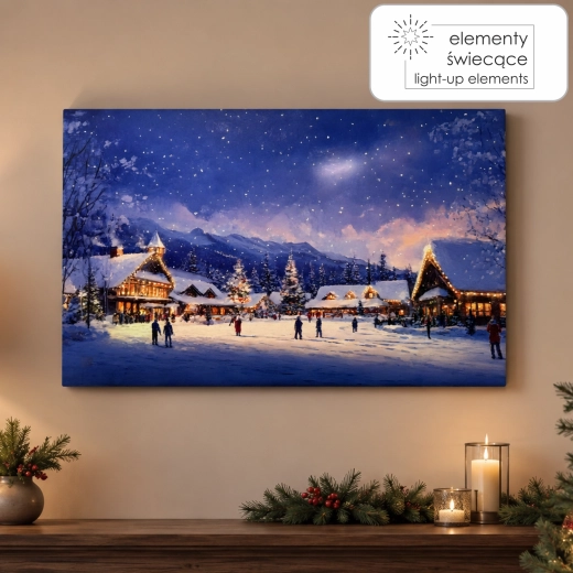 Tableau LED sur toile village d’hiver 60 × 40 × 3,2 cm