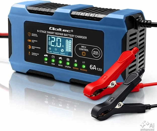 Chargeur intelligent de batteries auto Qoltec 12 V 6 A avec fonction de réparation pour AGM, GEL et LiFePO4 - 1 pièce