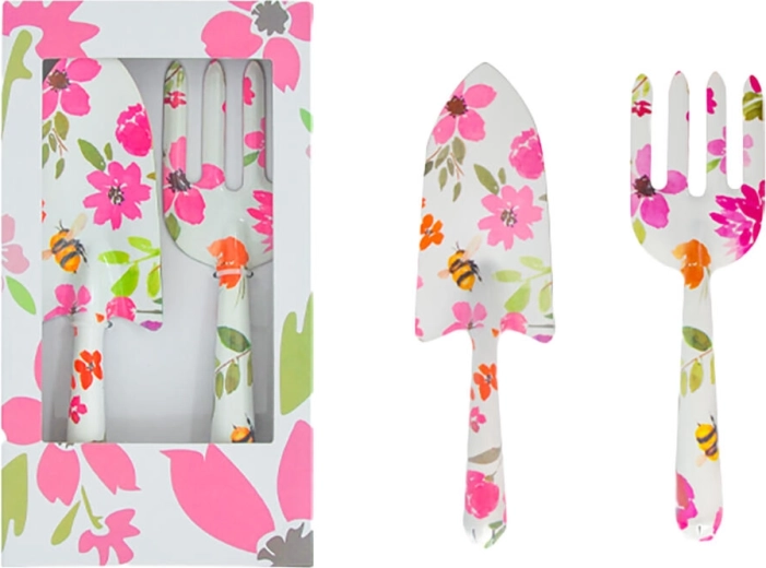 Set de jardinage 2 pièces avec décor floral, en fer