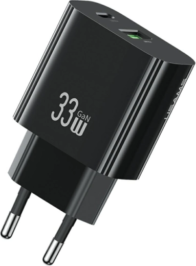 USAMS T65 chargeur secteur GaN 33 W avec USB-C et USB-A (noir)